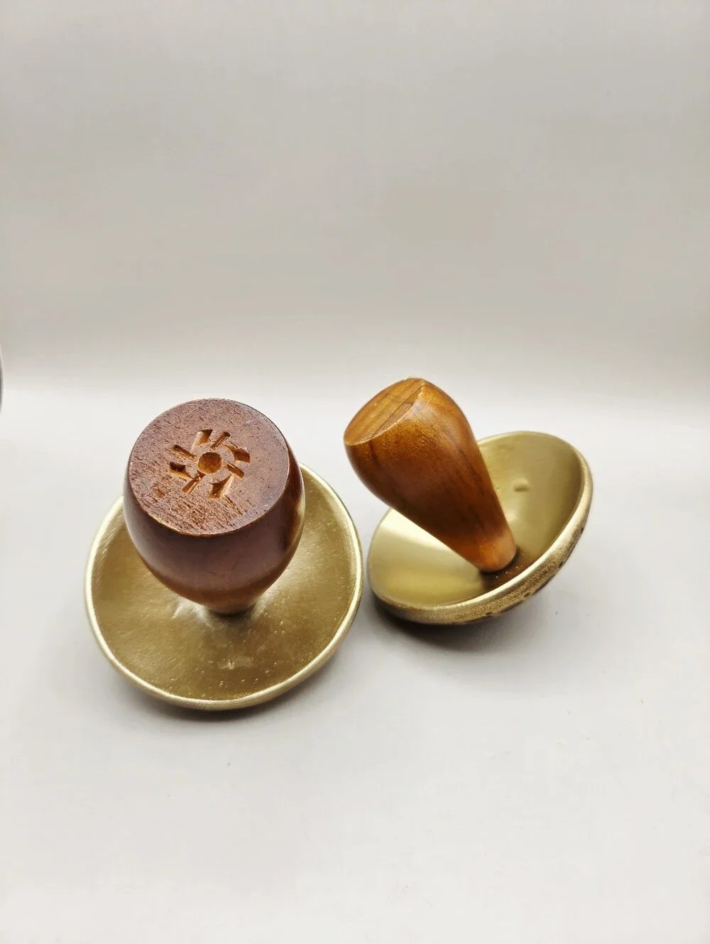 Set of 2 Decorative Mushroom Figurines, Gold Caps & Brown Wood Stems, NWOT